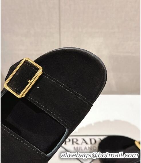 Famous Brand Prada Suede Flat Slide Sandals with Double Buckle Strap 0430 Black 2024