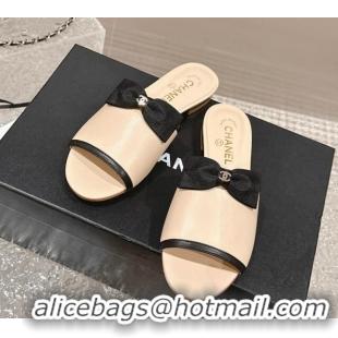 Grade Chanel Lambskin Flat Slide Sandals with Bow G45691 Beige 424057