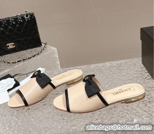 Grade Chanel Lambskin Flat Slide Sandals with Bow G45691 Beige 424057