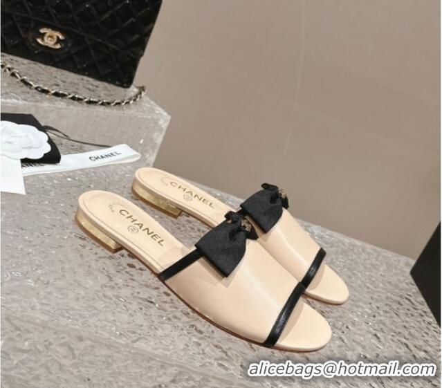 Grade Chanel Lambskin Flat Slide Sandals with Bow G45691 Beige 424057