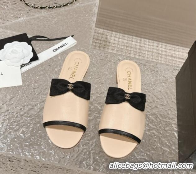 Grade Chanel Lambskin Flat Slide Sandals with Bow G45691 Beige 424057