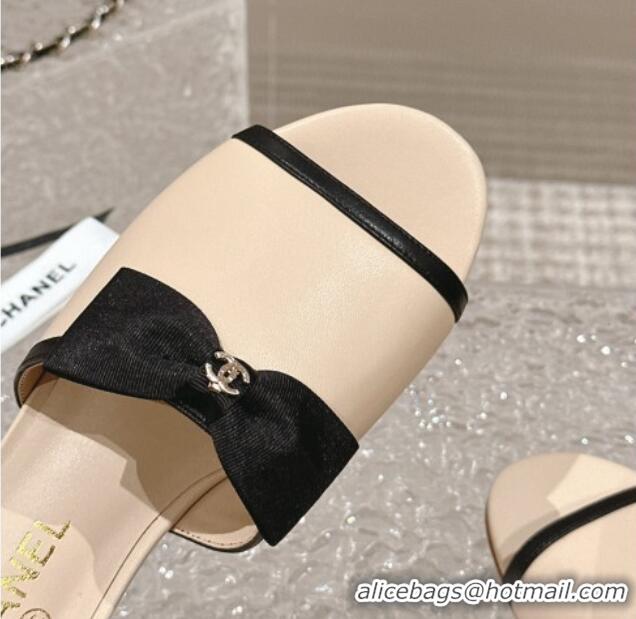 Grade Chanel Lambskin Flat Slide Sandals with Bow G45691 Beige 424057