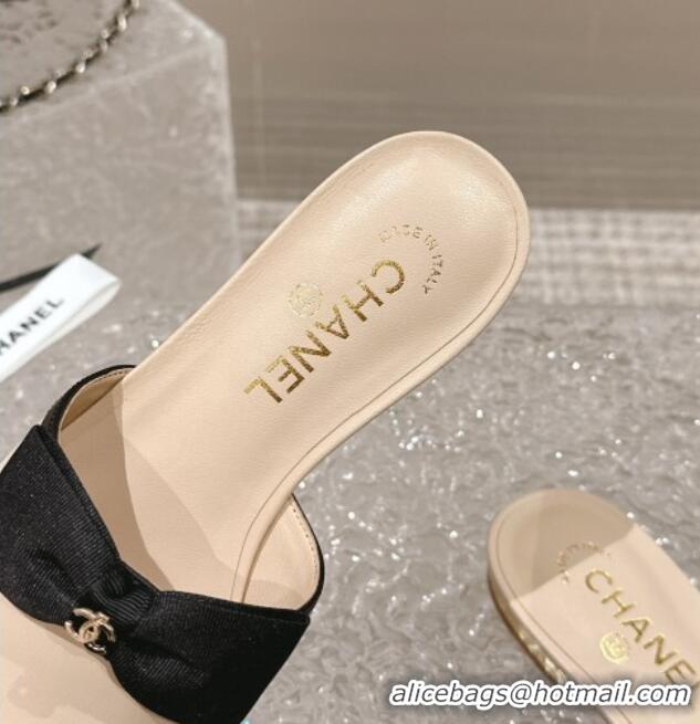 Grade Chanel Lambskin Flat Slide Sandals with Bow G45691 Beige 424057