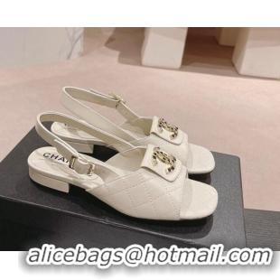 Buy Discount Chanel Quilted Lambskin Flat Sandals with Folder CC White 424058