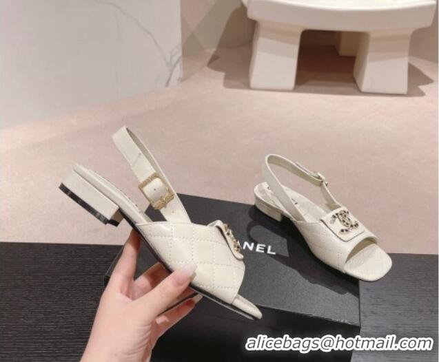 Buy Discount Chanel Quilted Lambskin Flat Sandals with Folder CC White 424058