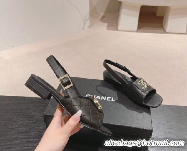 Charming Chanel Quilted Lambskin Flat Sandals with Folder CC Black 2024 424059