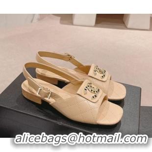 Stylish Chanel Quilted Lambskin Flat Sandals with Folder CC Beige 424060