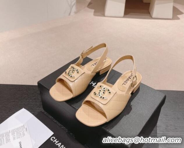 Stylish Chanel Quilted Lambskin Flat Sandals with Folder CC Beige 424060