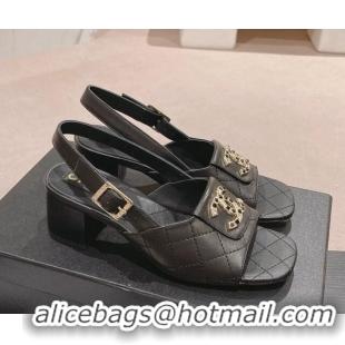 Good Quality Chanel Quilted Lambskin Heel Sandals 5cm with Folder CC Black 424061