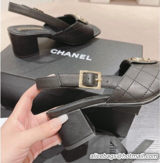 Good Quality Chanel Quilted Lambskin Heel Sandals 5cm with Folder CC Black 424061