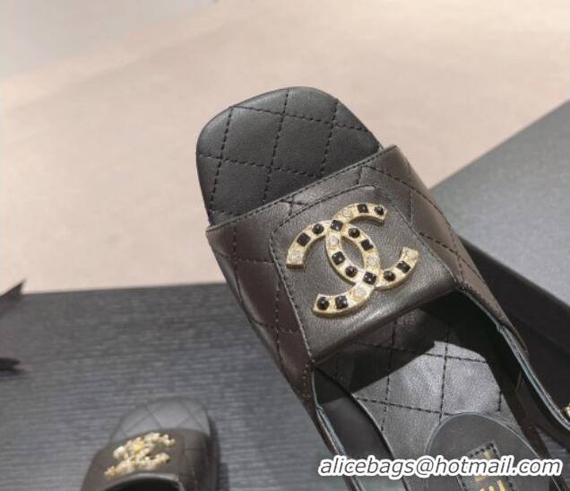 Good Quality Chanel Quilted Lambskin Heel Sandals 5cm with Folder CC Black 424061