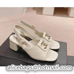 Charming Chanel Quilted Lambskin Heel Sandals 5cm with Folder CC White 424062