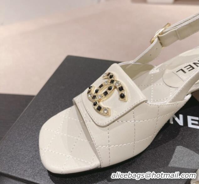 Charming Chanel Quilted Lambskin Heel Sandals 5cm with Folder CC White 424062