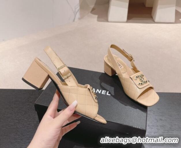 Stylish Chanel Quilted Lambskin Heel Sandals 5cm with Folder CC Beige 424063