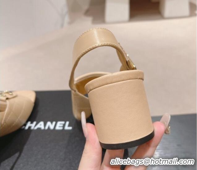 Stylish Chanel Quilted Lambskin Heel Sandals 5cm with Folder CC Beige 424063