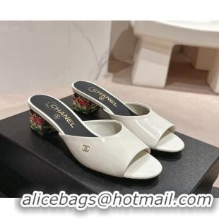 Fashion Chanel Shiny Calfskin Heel Slide Sandals 4.5cm with Colored Heel White 0424064