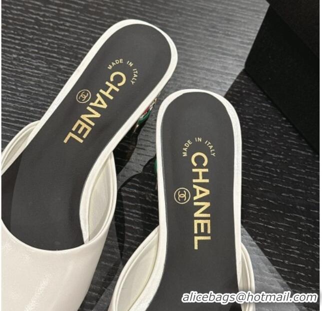 Fashion Chanel Shiny Calfskin Heel Slide Sandals 4.5cm with Colored Heel White 0424064