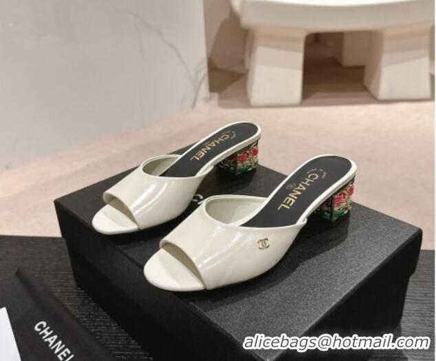 Fashion Chanel Shiny Calfskin Heel Slide Sandals 4.5cm with Colored Heel White 0424064