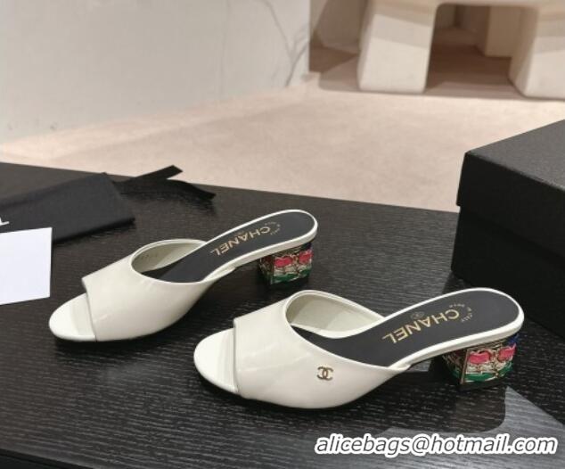 Fashion Chanel Shiny Calfskin Heel Slide Sandals 4.5cm with Colored Heel White 0424064