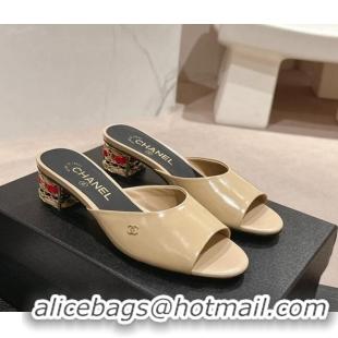 Hot Style Chanel Shiny Calfskin Heel Slide Sandals 4.5cm with Colored Heel Beige 424065