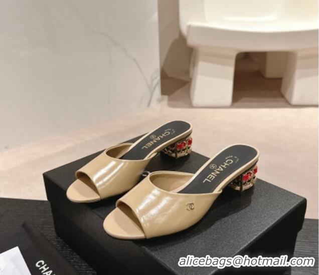 Hot Style Chanel Shiny Calfskin Heel Slide Sandals 4.5cm with Colored Heel Beige 424065