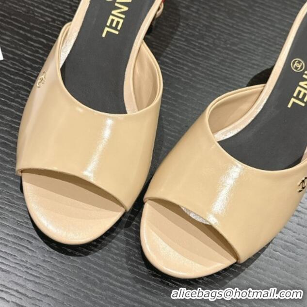 Hot Style Chanel Shiny Calfskin Heel Slide Sandals 4.5cm with Colored Heel Beige 424065