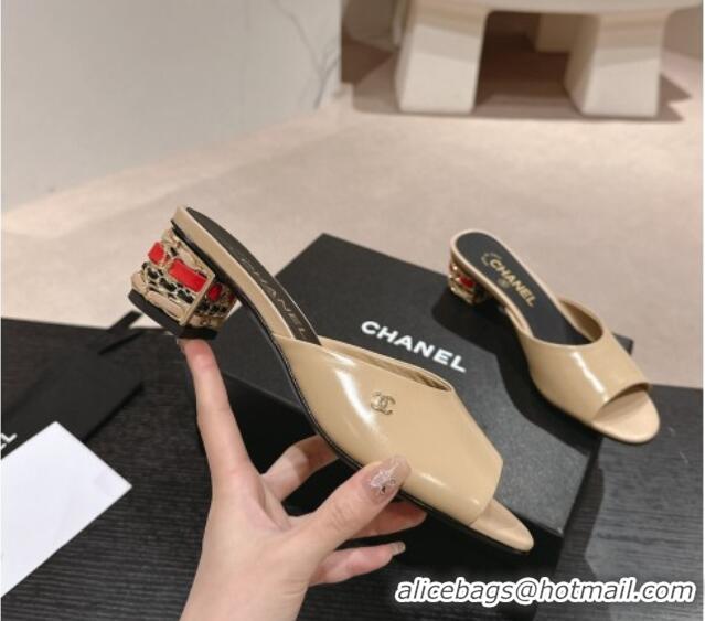 Hot Style Chanel Shiny Calfskin Heel Slide Sandals 4.5cm with Colored Heel Beige 424065