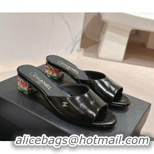 Luxury Chanel Shiny Calfskin Heel Slide Sandals 4.5cm with Colored Heel Black 0424066