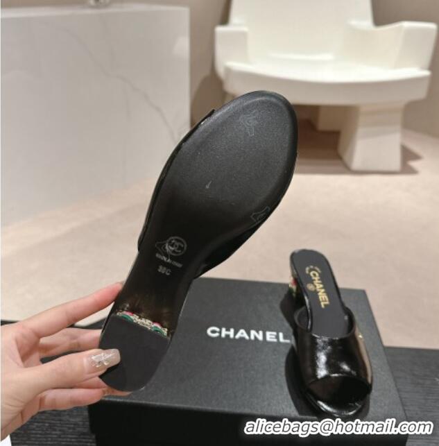 Luxury Chanel Shiny Calfskin Heel Slide Sandals 4.5cm with Colored Heel Black 0424066