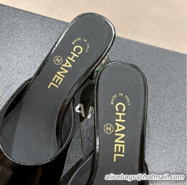 Luxury Chanel Shiny Calfskin Heel Slide Sandals 4.5cm with Colored Heel Black 0424066