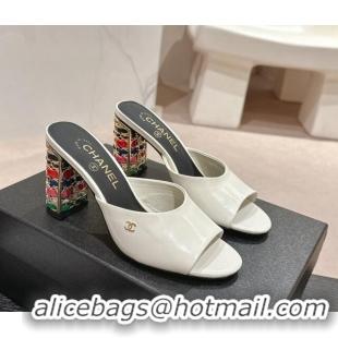 Pretty Style Chanel Shiny Calfskin Heel Slide Sandals 8.5cm with Colored Heel White 424067