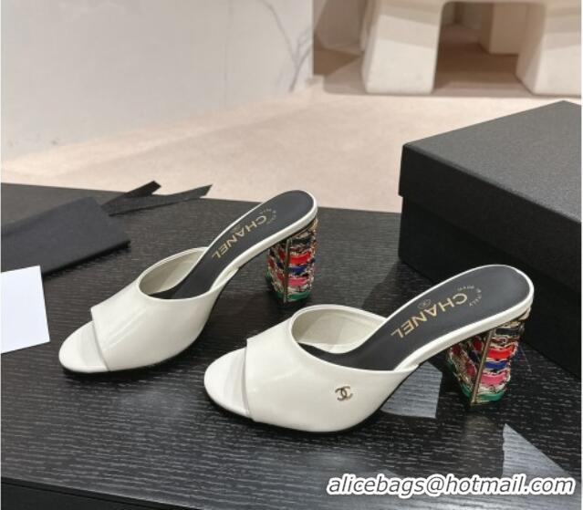 Pretty Style Chanel Shiny Calfskin Heel Slide Sandals 8.5cm with Colored Heel White 424067