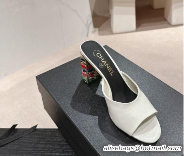 Pretty Style Chanel Shiny Calfskin Heel Slide Sandals 8.5cm with Colored Heel White 424067