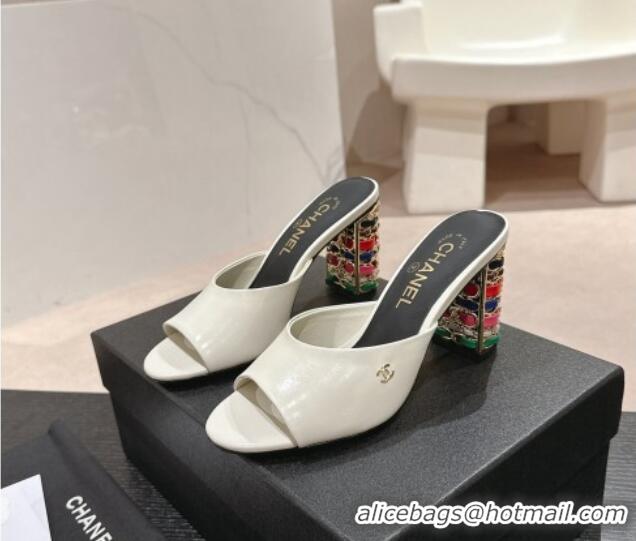 Pretty Style Chanel Shiny Calfskin Heel Slide Sandals 8.5cm with Colored Heel White 424067