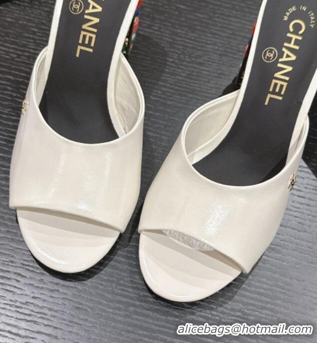 Pretty Style Chanel Shiny Calfskin Heel Slide Sandals 8.5cm with Colored Heel White 424067