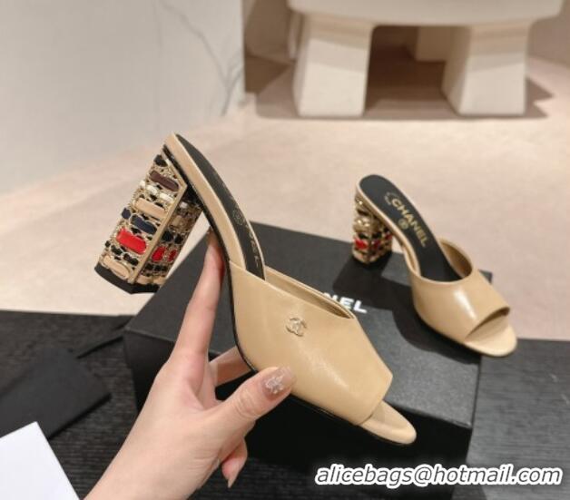 Duplicate Chanel Shiny Calfskin Heel Slide Sandals 8.5cm with Colored Heel Beige 424068