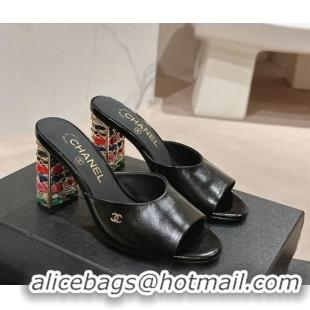 Buy Luxury Chanel Shiny Calfskin Heel Slide Sandals 8.5cm with Colored Heel Black 424069