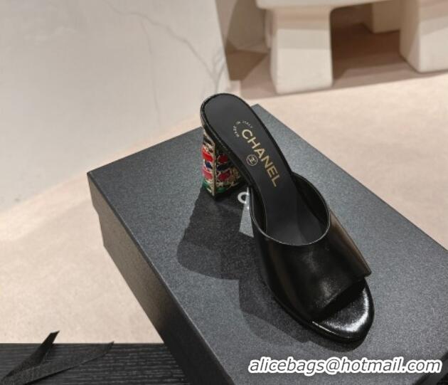 Buy Luxury Chanel Shiny Calfskin Heel Slide Sandals 8.5cm with Colored Heel Black 424069