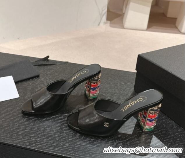 Buy Luxury Chanel Shiny Calfskin Heel Slide Sandals 8.5cm with Colored Heel Black 424069