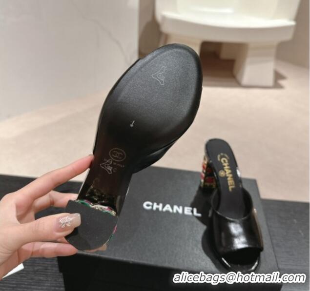 Buy Luxury Chanel Shiny Calfskin Heel Slide Sandals 8.5cm with Colored Heel Black 424069