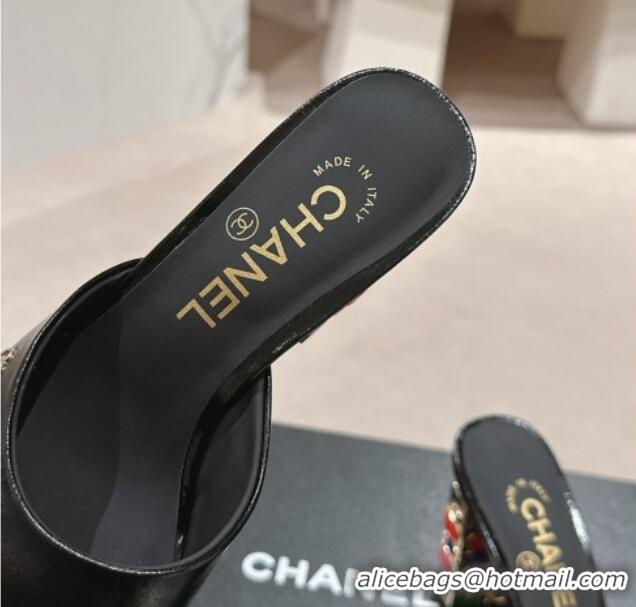 Buy Luxury Chanel Shiny Calfskin Heel Slide Sandals 8.5cm with Colored Heel Black 424069