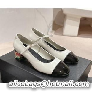 Best Price Chanel Shiny Calfskin Mary Janes Pumps 4.5cm with Colored Heel White 424070