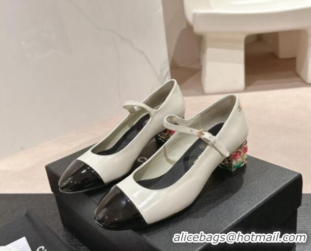 Best Price Chanel Shiny Calfskin Mary Janes Pumps 4.5cm with Colored Heel White 424070