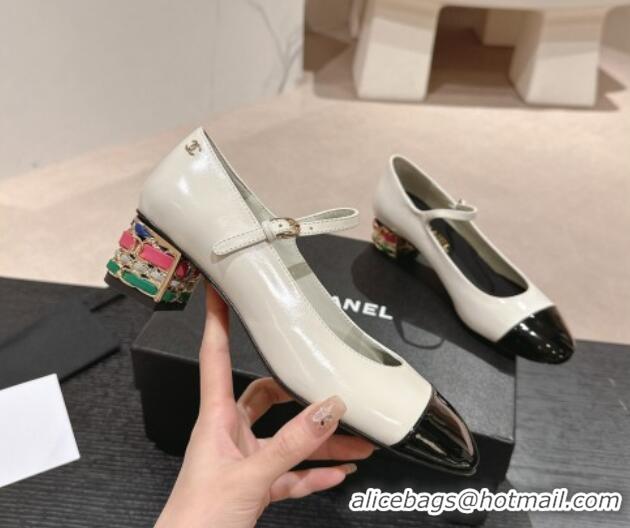 Best Price Chanel Shiny Calfskin Mary Janes Pumps 4.5cm with Colored Heel White 424070