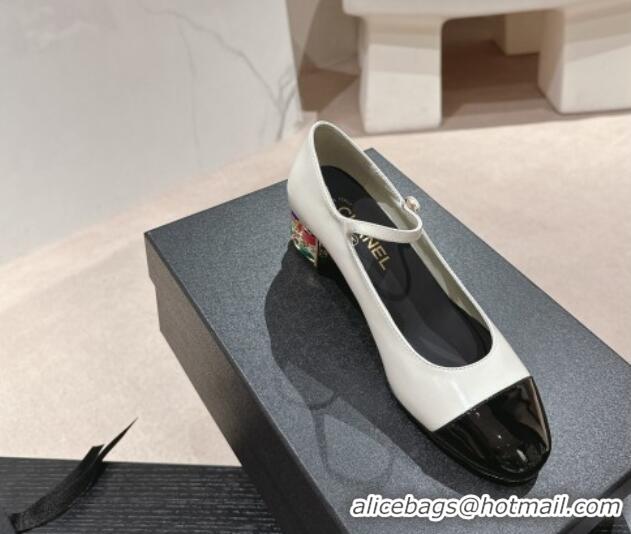 Best Price Chanel Shiny Calfskin Mary Janes Pumps 4.5cm with Colored Heel White 424070