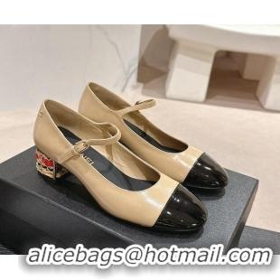 Sophisticated Chanel Shiny Calfskin Mary Janes Pumps 4.5cm with Colored Heel Beige 424071