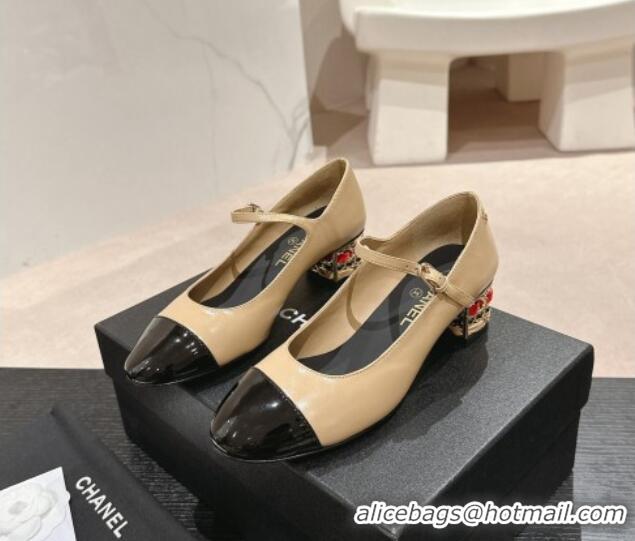 Sophisticated Chanel Shiny Calfskin Mary Janes Pumps 4.5cm with Colored Heel Beige 424071