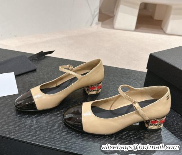 Sophisticated Chanel Shiny Calfskin Mary Janes Pumps 4.5cm with Colored Heel Beige 424071