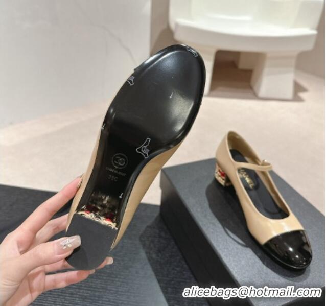 Sophisticated Chanel Shiny Calfskin Mary Janes Pumps 4.5cm with Colored Heel Beige 424071