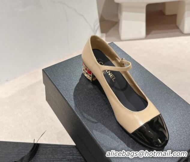 Sophisticated Chanel Shiny Calfskin Mary Janes Pumps 4.5cm with Colored Heel Beige 424071